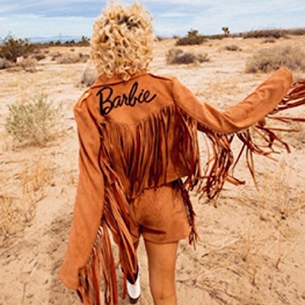 Barbie x Missguided Tan Faux Suede Logo Fringe Biker Jacket